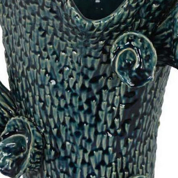 17 Inch Vase with Barnacle Design And Floral Details, Blue Ceramic Finish