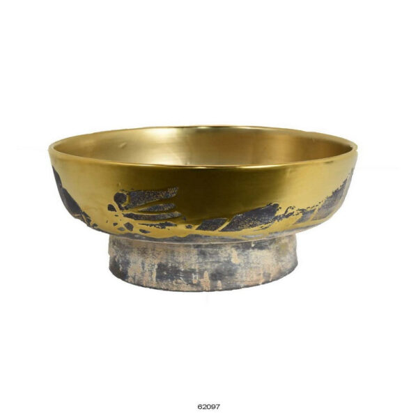 16 Inch Decorative Bowl, Distressed Gold Finish, Modern Aesthetic, Ceramic