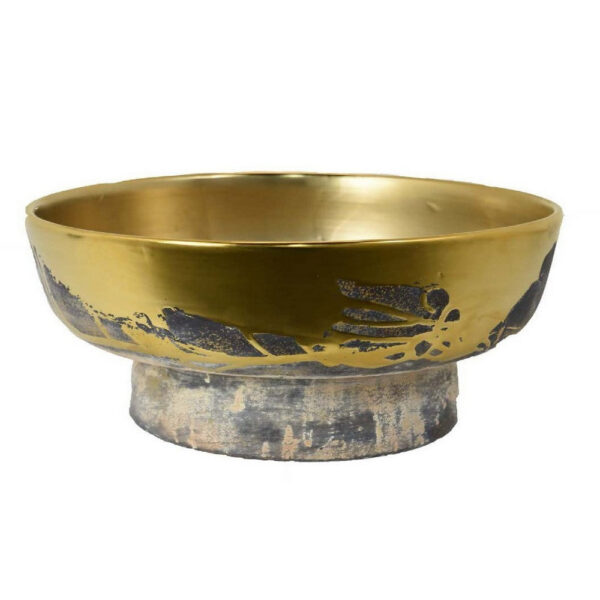 16 Inch Decorative Bowl, Distressed Gold Finish, Modern Aesthetic, Ceramic