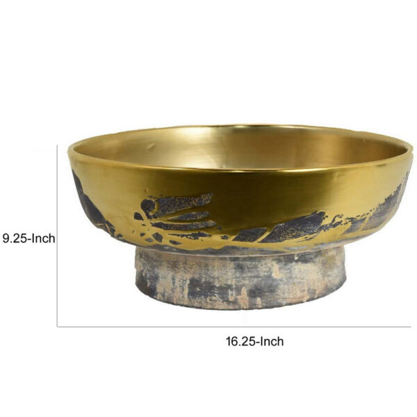 16 Inch Decorative Bowl, Distressed Gold Finish, Modern Aesthetic, Ceramic