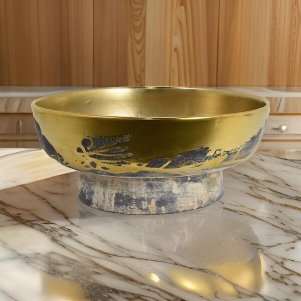 16 Inch Decorative Bowl, Distressed Gold Finish, Modern Aesthetic, Ceramic