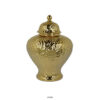 Aniea 18 Inch Accent Temple Jar, Geometric Design, Dome Lid, Gold Ceramic