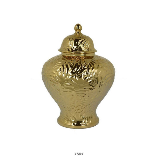Aniea 18 Inch Accent Temple Jar, Geometric Design, Dome Lid, Gold Ceramic