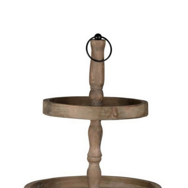 Zia 30 Inch 3 Tier Serving Tray, Flat Round Plates, Brown Fir Wood Finish