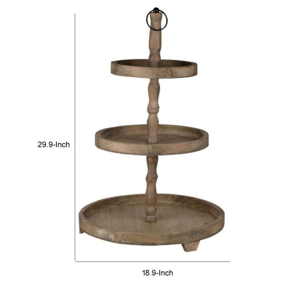 Zia 30 Inch 3 Tier Serving Tray, Flat Round Plates, Brown Fir Wood Finish