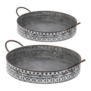 18, 20 Inch Set of 2 Round Serving Trays with Handles, Galvanized Gray Iron