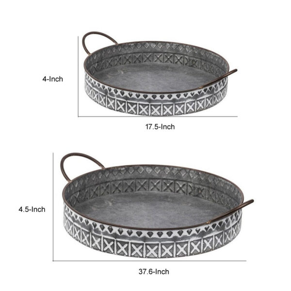 18, 20 Inch Set of 2 Round Serving Trays with Handles, Galvanized Gray Iron