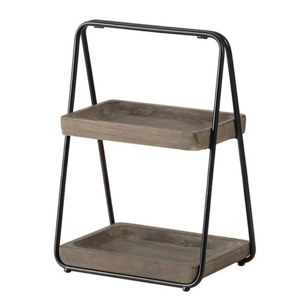 Nick 19 Inch 2 Tier Decorative Tray Stand, Black Iron Frame, Gray Wood