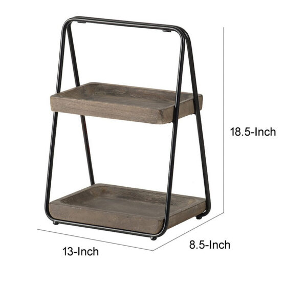 Nick 19 Inch 2 Tier Decorative Tray Stand, Black Iron Frame, Gray Wood