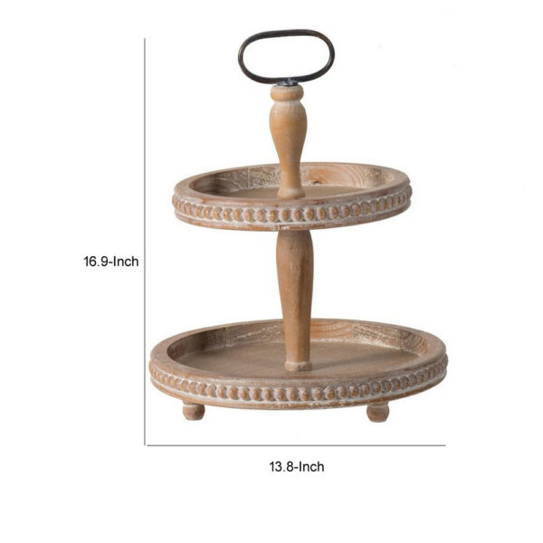 Mike 17 Inch 2 Tier Round Serving Tray, Handle, Beaded Trim, Brown Wood