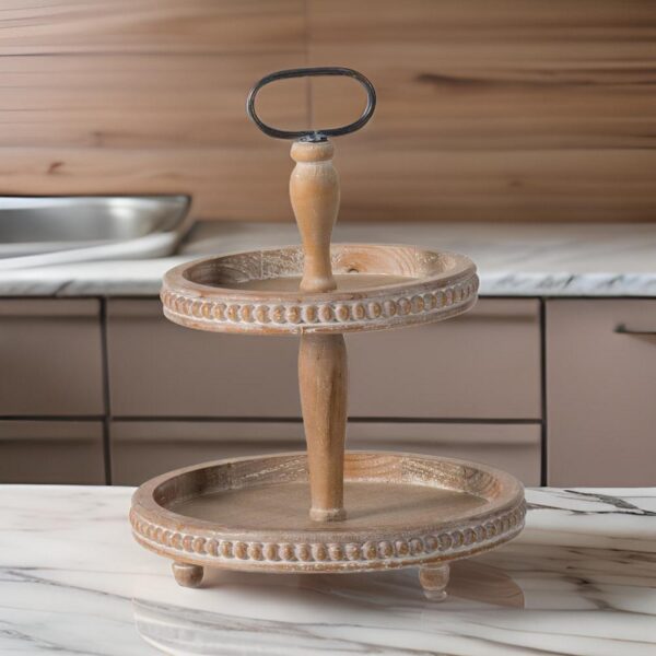 Mike 17 Inch 2 Tier Round Serving Tray, Handle, Beaded Trim, Brown Wood