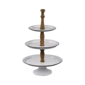 Mlyn 24 Inch 3 Tier Serving Tray, Round Metal Base, White Brown, and Black