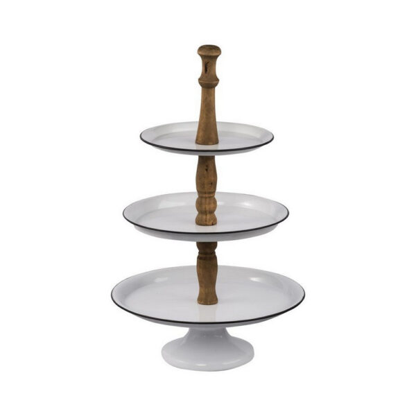 Mlyn 24 Inch 3 Tier Serving Tray, Round Metal Base, White Brown, and Black