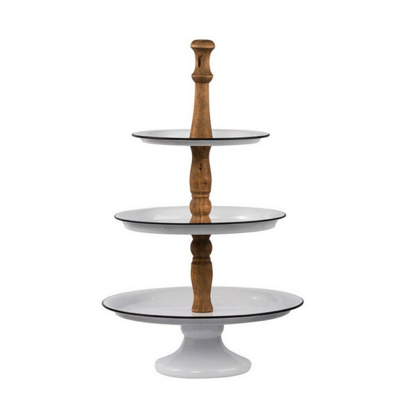 Mlyn 24 Inch 3 Tier Serving Tray, Round Metal Base, White Brown, and Black