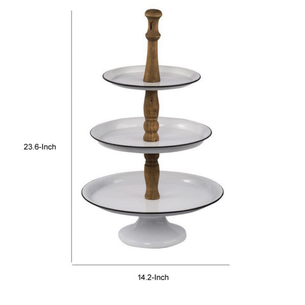 Mlyn 24 Inch 3 Tier Serving Tray, Round Metal Base, White Brown, and Black