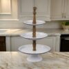Mlyn 24 Inch 3 Tier Serving Tray, Round Metal Base, White Brown, and Black