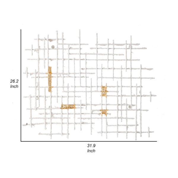 Rio 32 Inch Wall Art Decor, White and Gold Geometric Abstract Design, Iron