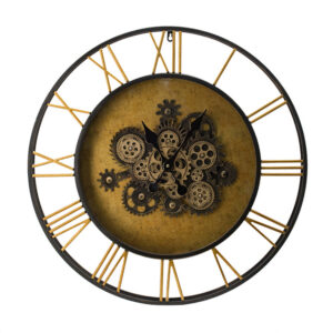 28 Inch Hanging Wall Clock, Round Gear Design, Gold and Black Iron Frame