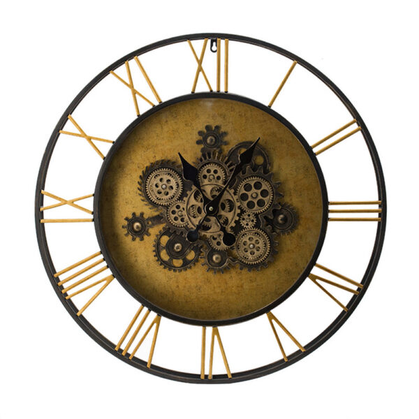 28 Inch Hanging Wall Clock, Round Gear Design, Gold and Black Iron Frame