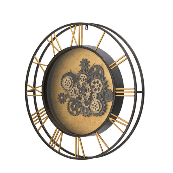 28 Inch Hanging Wall Clock, Round Gear Design, Gold and Black Iron Frame