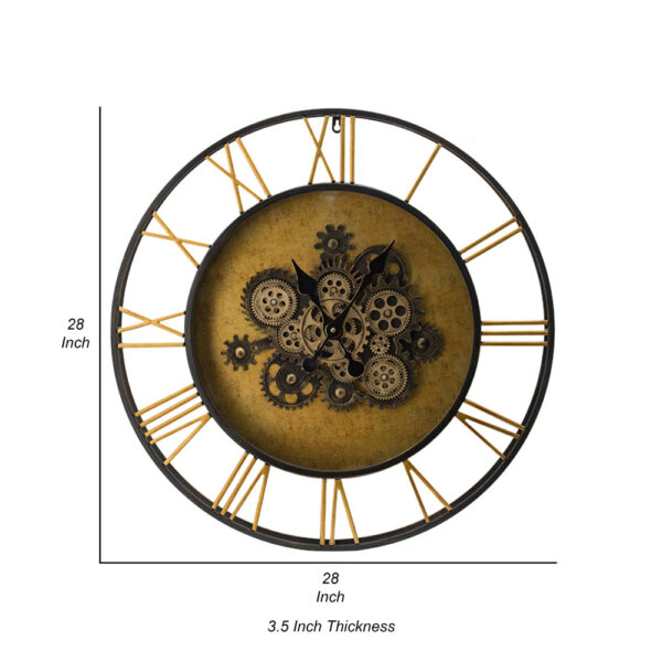 28 Inch Hanging Wall Clock, Round Gear Design, Gold and Black Iron Frame