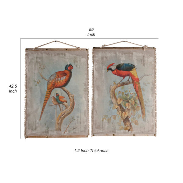30 x 43 Hanging Wall Art Set of 2, Colorful Birds, Linen, Orange, Blue