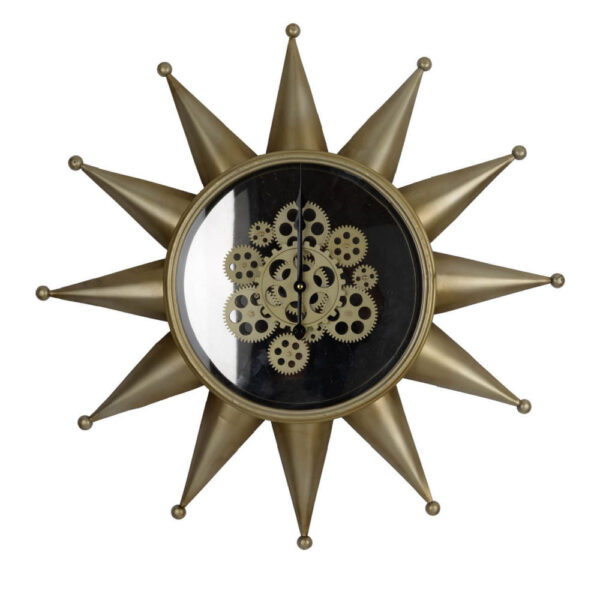 28 Inch Hanging Wall Clock, Sunlike Star Gear Design, Iron, Gold and Black
