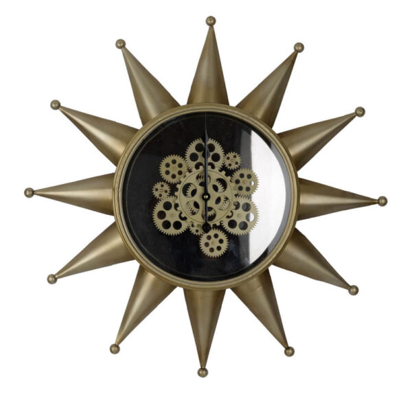 28 Inch Hanging Wall Clock, Sunlike Star Gear Design, Iron, Gold and Black