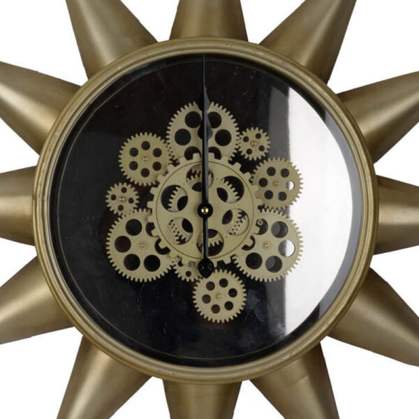 28 Inch Hanging Wall Clock, Sunlike Star Gear Design, Iron, Gold and Black