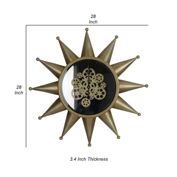 28 Inch Hanging Wall Clock, Sunlike Star Gear Design, Iron, Gold and Black