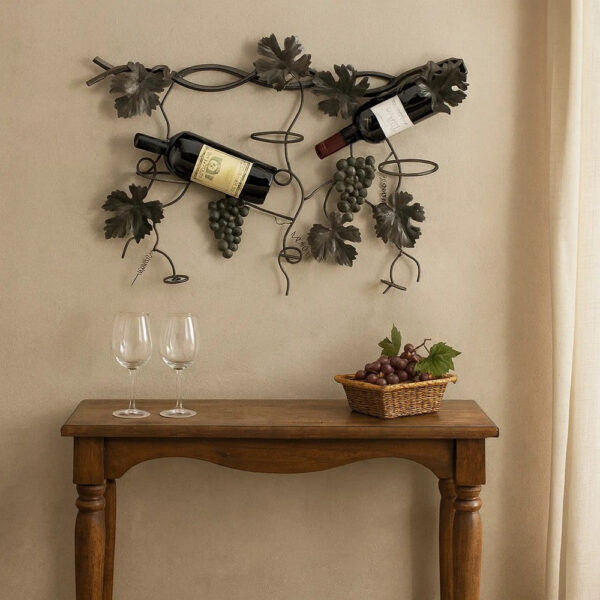 22 Inch Wall Hanging Wine Rack, Grape Bottle Stand, Black Metal