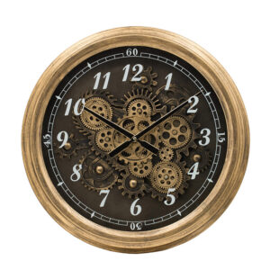 21 Inch Round Wall Clock, Gear Design, Numbered Analog, Gold Bronze Iron