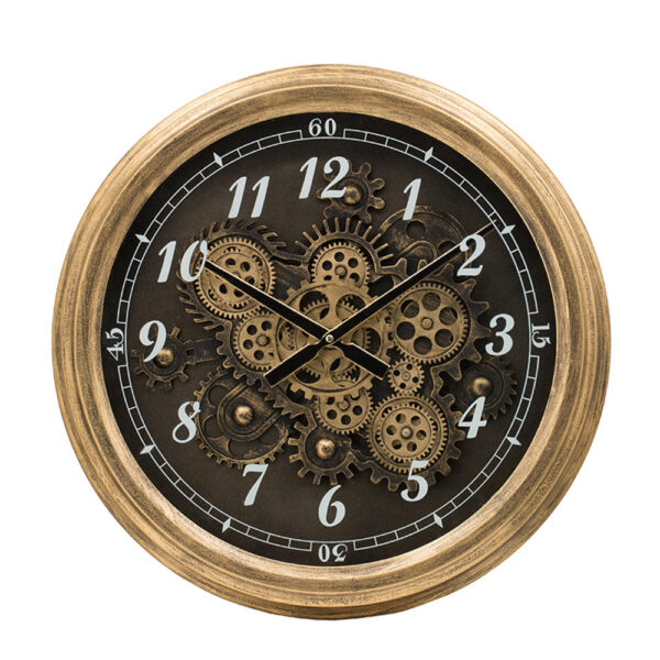 21 Inch Round Wall Clock, Gear Design, Numbered Analog, Gold Bronze Iron