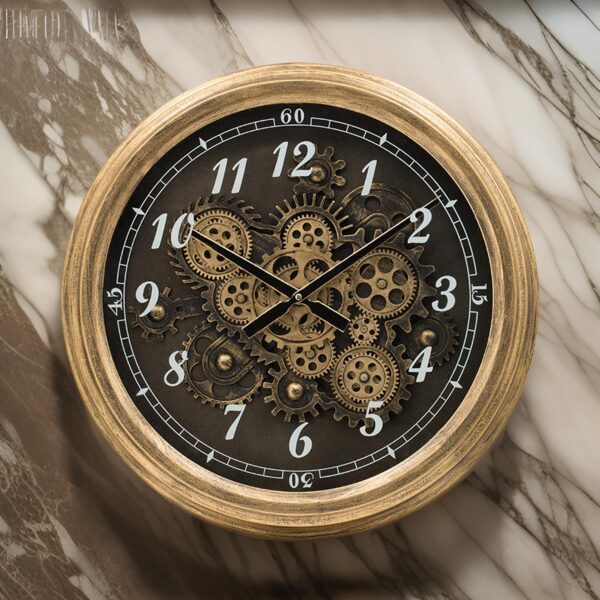 21 Inch Round Wall Clock, Gear Design, Numbered Analog, Gold Bronze Iron