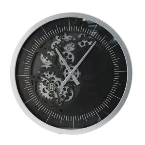 Reny 23 Inch Wall Clock, Decorative Gear Design, Round, Silver, Black Iron