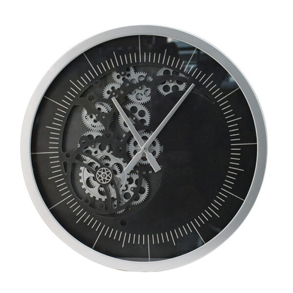 Reny 23 Inch Wall Clock, Decorative Gear Design, Round, Silver, Black Iron
