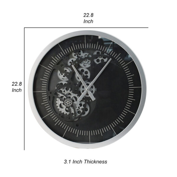 Reny 23 Inch Wall Clock, Decorative Gear Design, Round, Silver, Black Iron