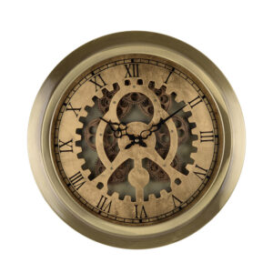 Reny 18 Inch Round Wall Clock, Gear Design, Roman Analog, Gold Bronze