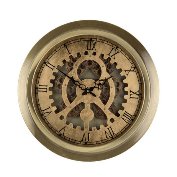 Reny 18 Inch Round Wall Clock, Gear Design, Roman Analog, Gold Bronze