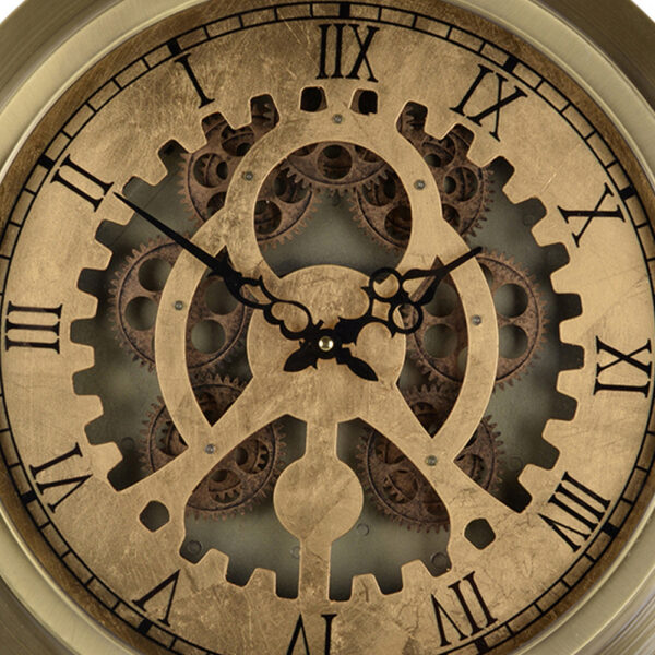 Reny 18 Inch Round Wall Clock, Gear Design, Roman Analog, Gold Bronze