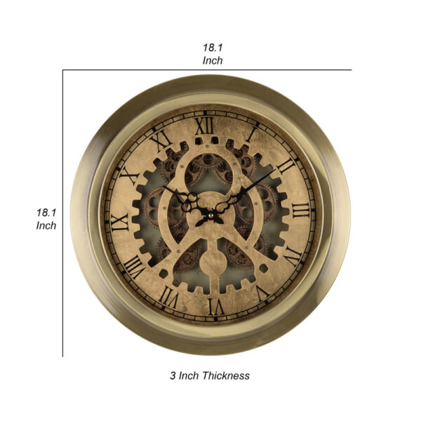 Reny 18 Inch Round Wall Clock, Gear Design, Roman Analog, Gold Bronze