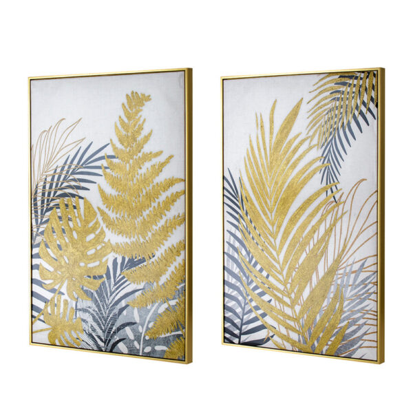 Nir 23 x 35 Set of 2 Palm Leaf Wall Art, Frame Decor, Black Gold, Gray Wood