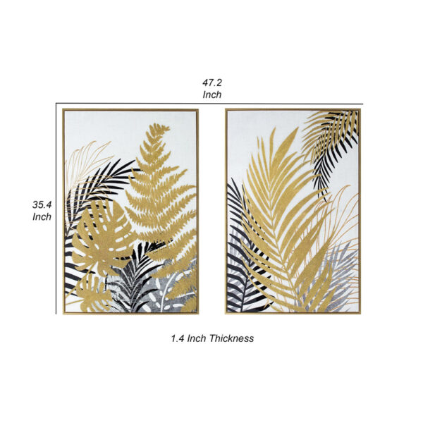 Nir 23 x 35 Set of 2 Palm Leaf Wall Art, Frame Decor, Black Gold, Gray Wood