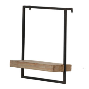 Yin 18 Inch Wall Shelf, Rectangular Industrial Frame, Black Iron Brown Wood