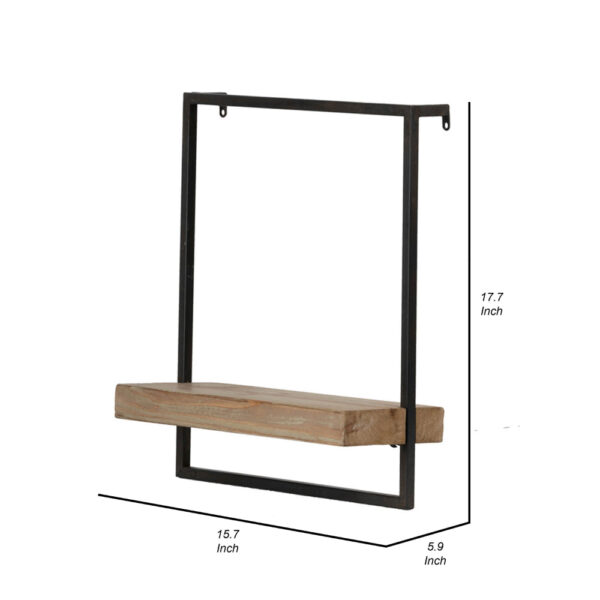 Yin 18 Inch Wall Shelf, Rectangular Industrial Frame, Black Iron Brown Wood