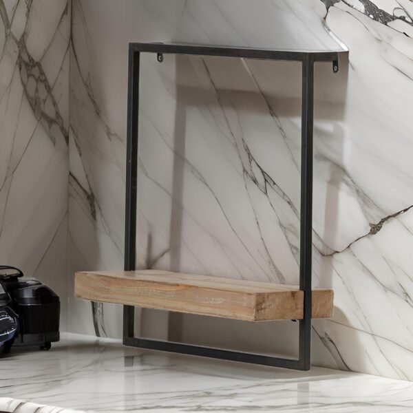 Yin 18 Inch Wall Shelf, Rectangular Industrial Frame, Black Iron Brown Wood