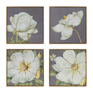 Nia 20 x 20 Flower Wall Art Set of 4, White, Green Microfiber, Pine Wood