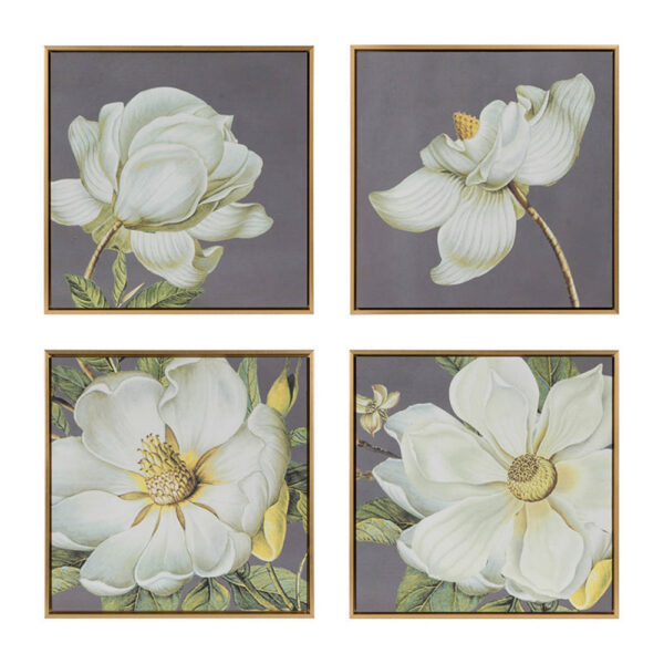 Nia 20 x 20 Flower Wall Art Set of 4, White, Green Microfiber, Pine Wood