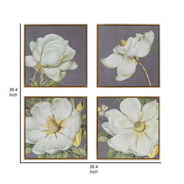 Nia 20 x 20 Flower Wall Art Set of 4, White, Green Microfiber, Pine Wood