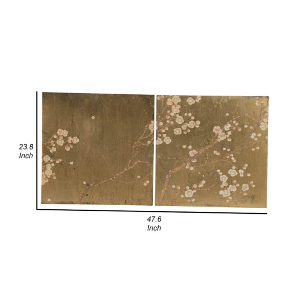 Tim 24 Inch Wall Art Set of 2, Divided Floral Design, Square, Gold, Brown